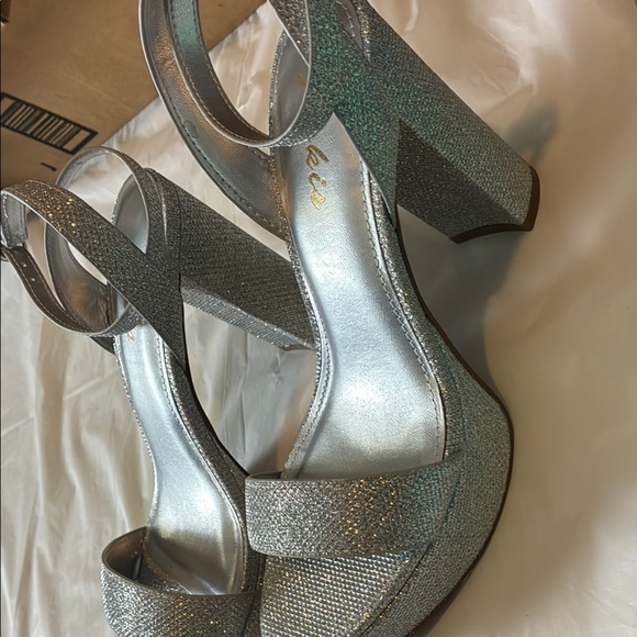 Glamorous Silver Glitter Heels with Ankle Strap - Picture 3 of 10